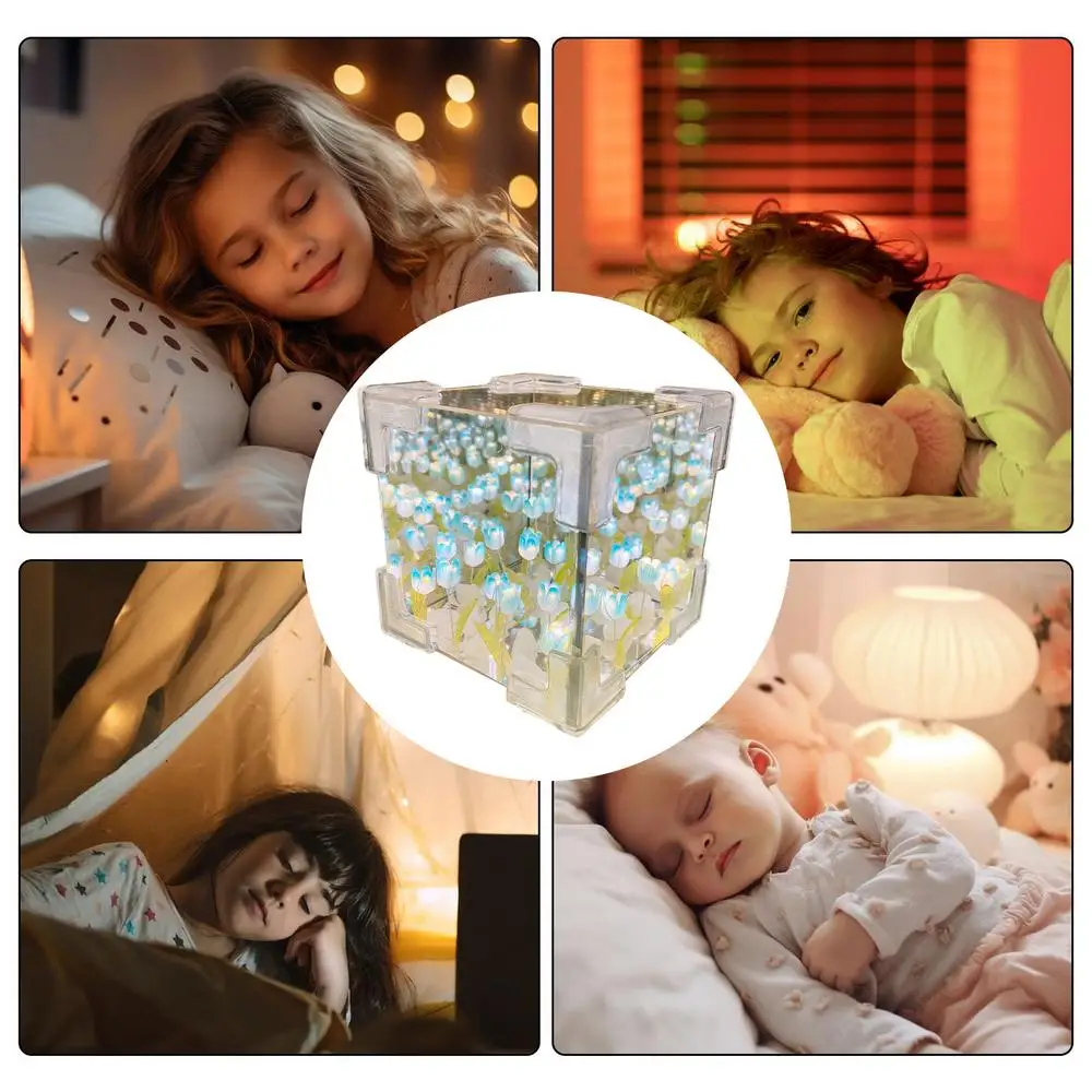 Cube Tulip Flower Sea Night Light DIY Tulip Mirror Light Bedroom Atmosphere Decoration Bedside Lamp Girls Mother's Day Gift