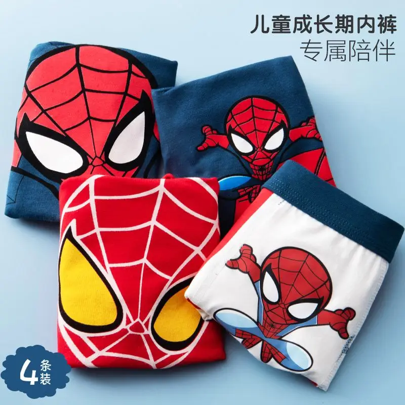 

4pcs Disney Spider-Man children's underwear men's pure cotton boxer boys' four-corner cotton mid-to-large children's baby shorts