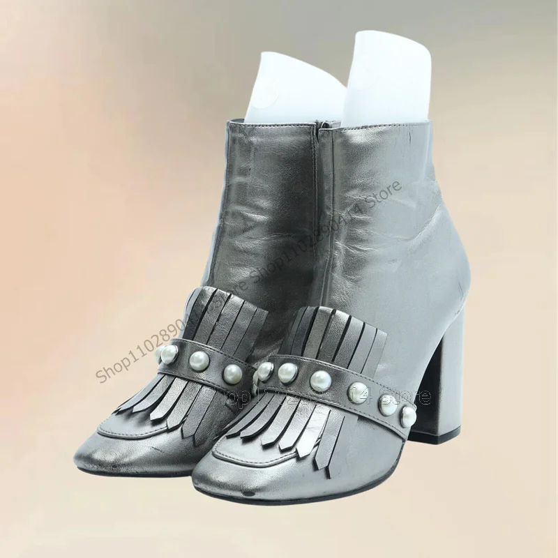 

Silver Tassels White Pearl Decor Square Toe Boots Side Zipper Women Shoes Chunky High Heels Novel Party 2024 Zapatos Para Mujere