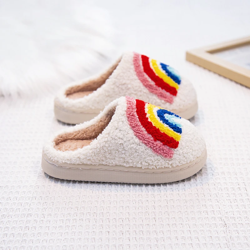 Rainbow Furry Kids Slippers Winter Soft Plush Home Shoes