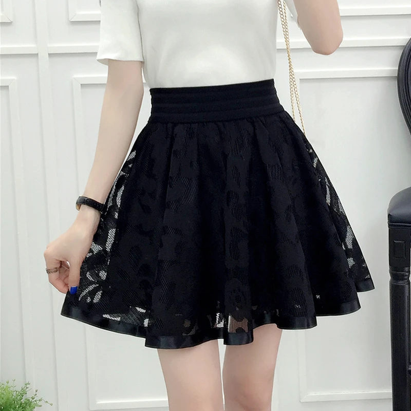 2021 New Spring Summer and Autumn Mesh Short Skirt Elastic Waist Versatile Pengpeng Skirt A-line High Waist Lace Lady Girl Black leather skirt Skirts