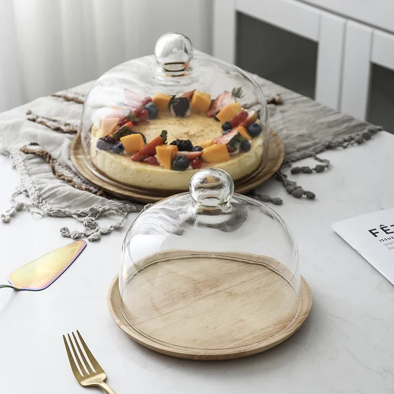 Nordic style Retro Wooden cake plate Glass cover Dessert table display stand tray Home kitchen decoration Festive party