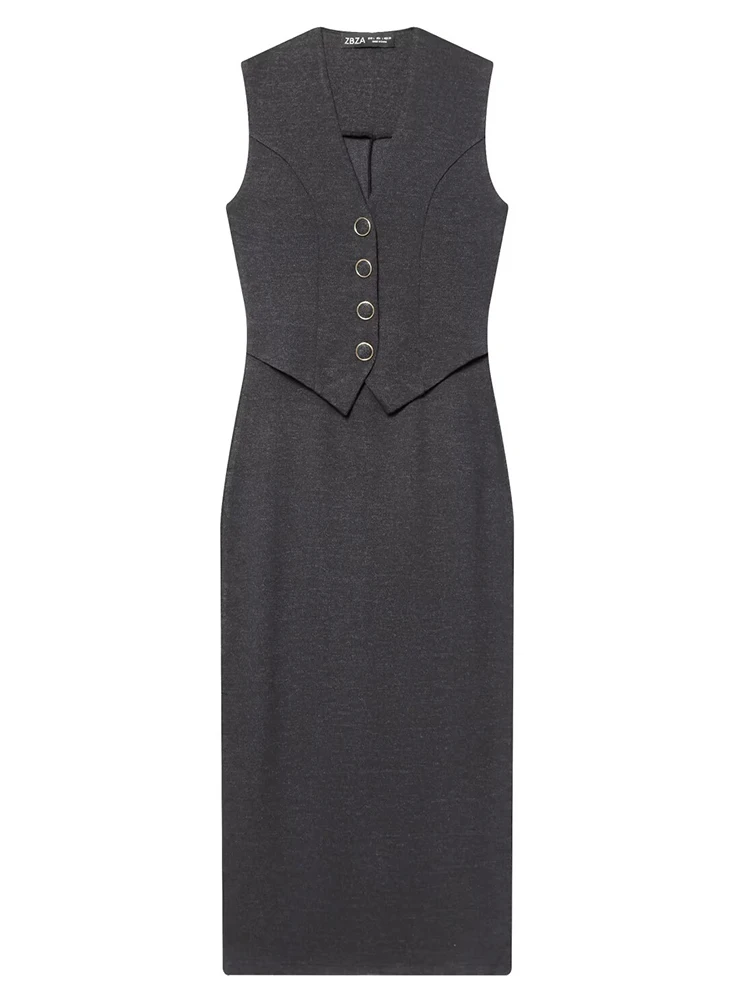 Women's Dress Vest Style Splice Long Dresses Spring Summer 2026 Button Sleeveless V neck Midi Dress Street Casual Dresses