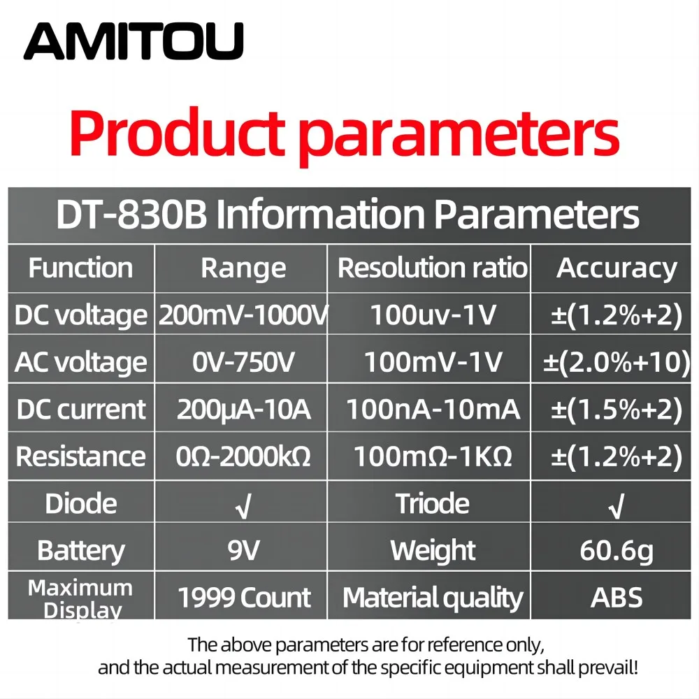 AMITOU DT830B Digital Multimeter AC/DC LCD Mini Voltmeter Ammeter Ohm Tester 750/1000V High Safety Handheld Meter With Probe digital multimeter multimeter tester voltage meter tester
