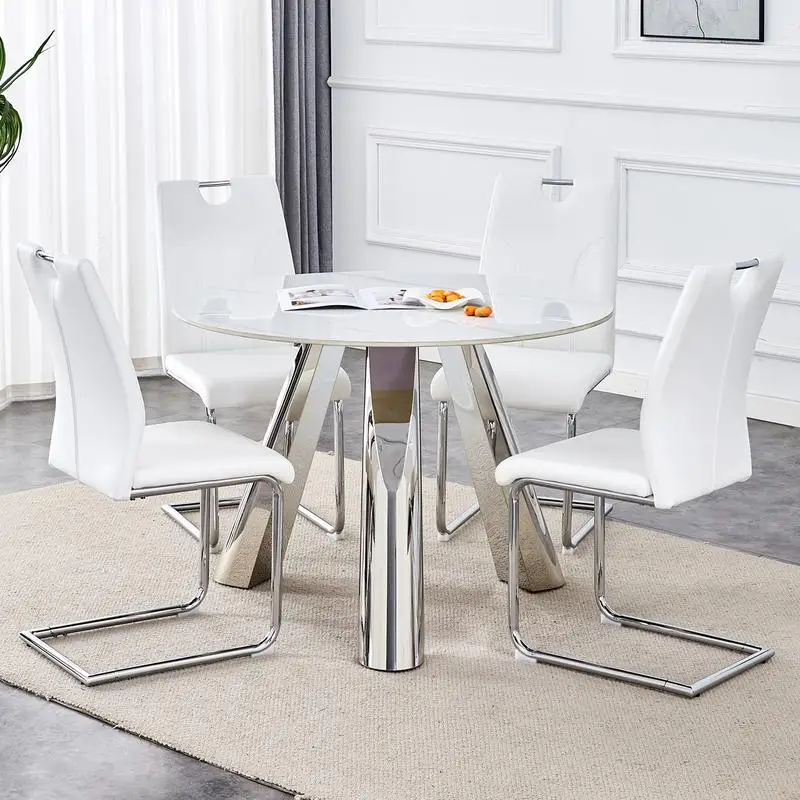 42-Inch Round Table Set with 4 Unique White Dining Chairs and Stainless Steel Legs - Sintered Stone Top - Image 3