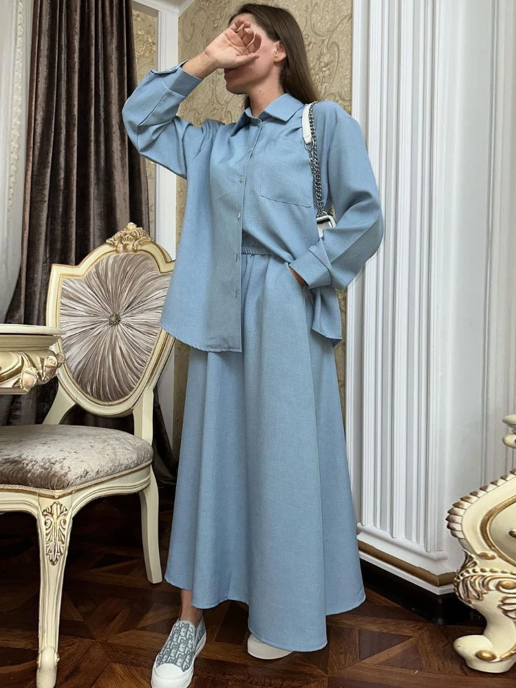 

Комплект с юбкой, Новинка весна-осень 2024, свободная рубашка с длинным рукавом, топ, модная Однотонная юбка, подходящие комплекты, Офисная Женская одежда