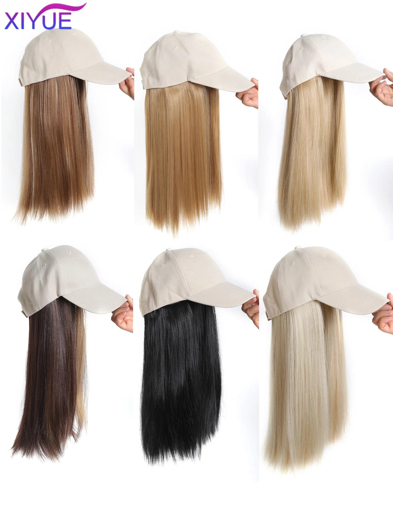 XIYUE Baseball cap wig Synthetic Wigs With White Hat Long Straight Hair Wigs For Women connect Hat One Piece Wig Hat adjustable