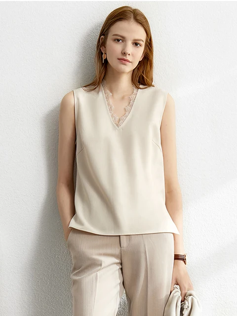 Amii Minimalism Spring Female Offical Lady Blazer Women,Lace Vneck Tanks,High Waist Women's pants Female Shorts 12060909 Apricot   tank