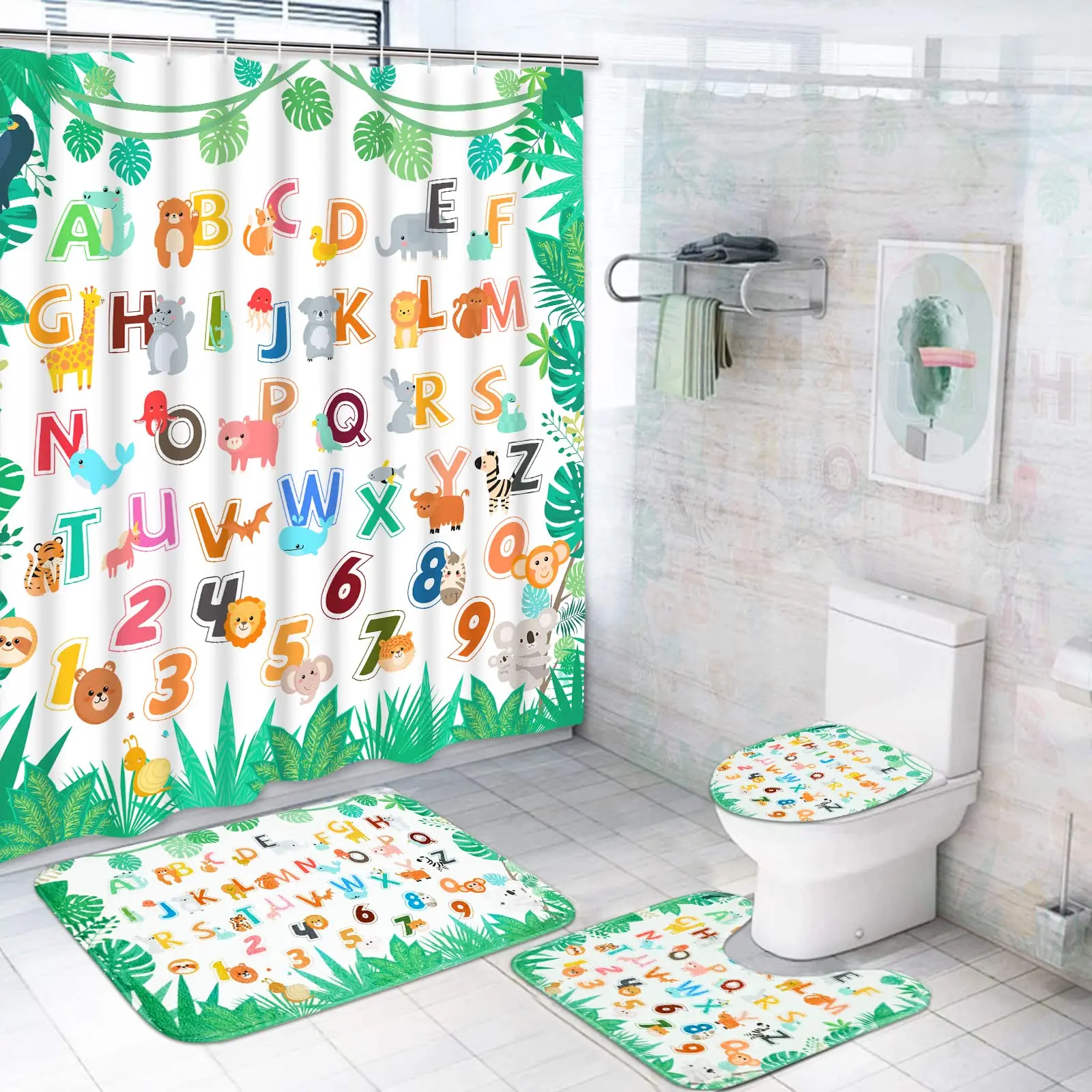 

Cartoon Animals Alphabet Kids Shower Curtain Set Baby Bathroom Decor Rugs Flannel Carpet Bath Mat Non-slip Mats Toilet Cover