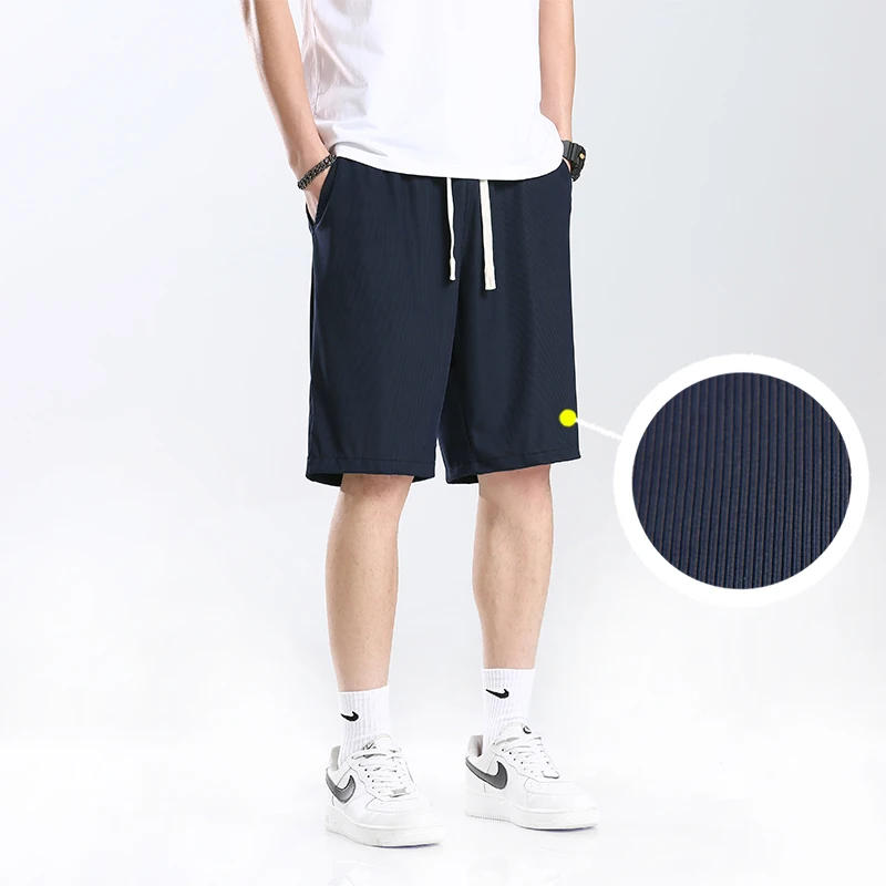 Summer Solid Color Elastic Pockets High Waist Casual Loose Men's Clothing Drawstring Knee Pants Sweatpants Straight Shorts