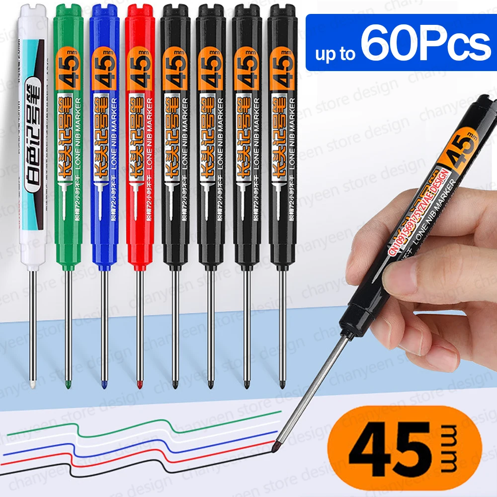 4-60Pcs 45mm 긴 펜촉 헤드 목수 펜 깊은 구멍 마커 펜 목공 손 도구 측정을위한 검정/파랑/빨간색/흰색