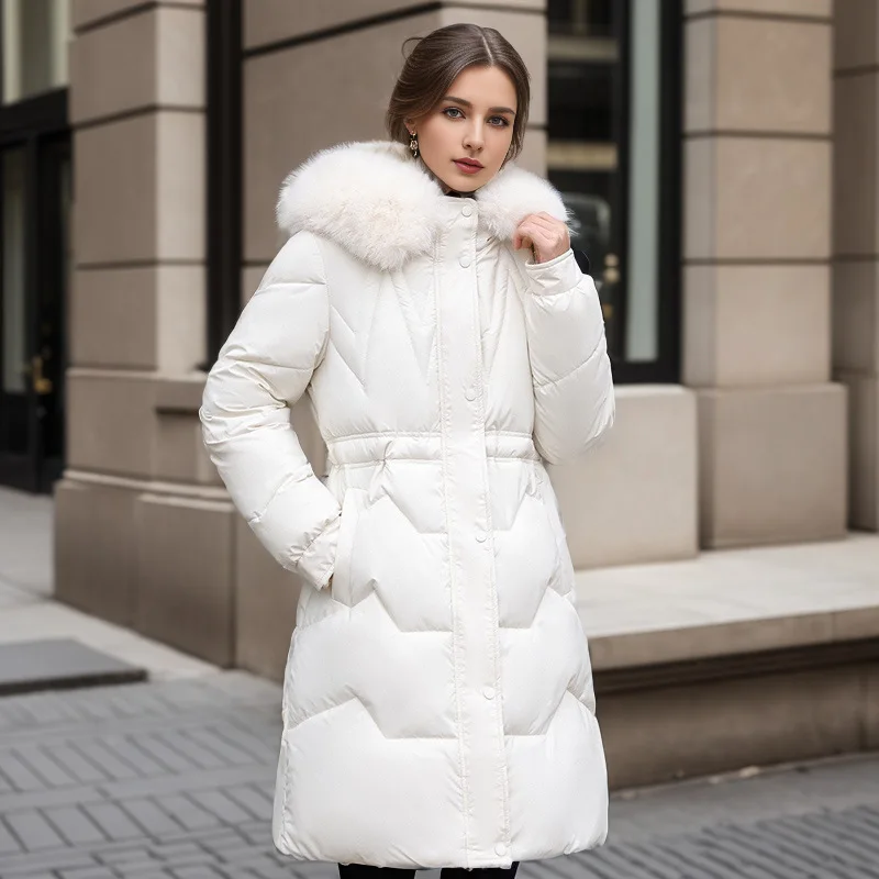 

Down Cotton Jacket Women's Mid Length New Winter Thick Hooded Large Woolen Collar Cotton Jacket Korean Version with Waistband