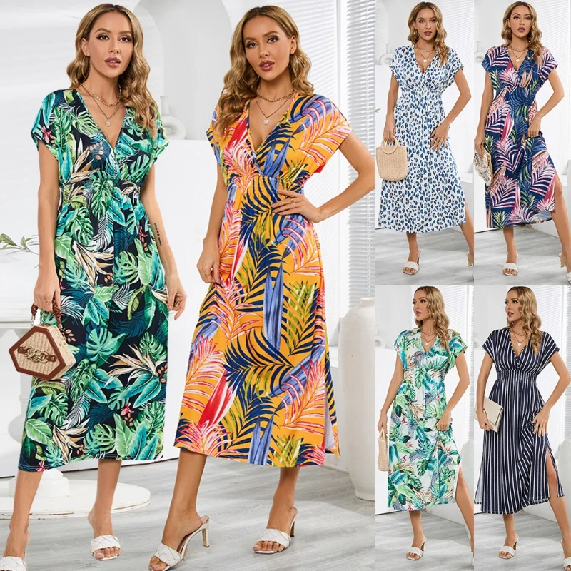

2023 New Fashionable Batwing Sleeve V-neck Backless Lace up Dress Summer Women's Printed Dress