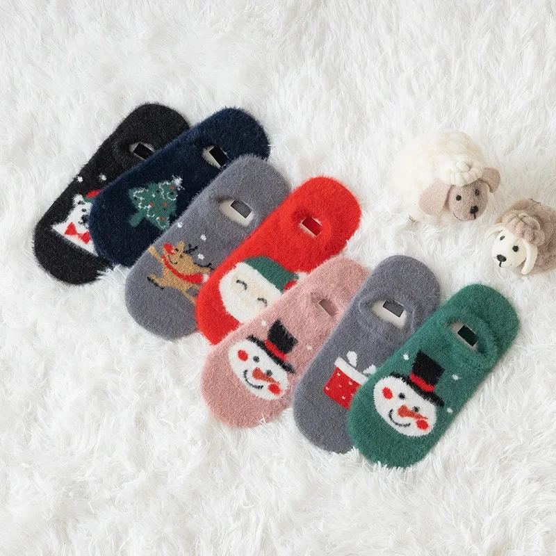 

Autumn and Winter Wool Thickened Warm Boat Socks Cute Cartoon Christmas Men and Women Silicone Non-slip Floor Socks