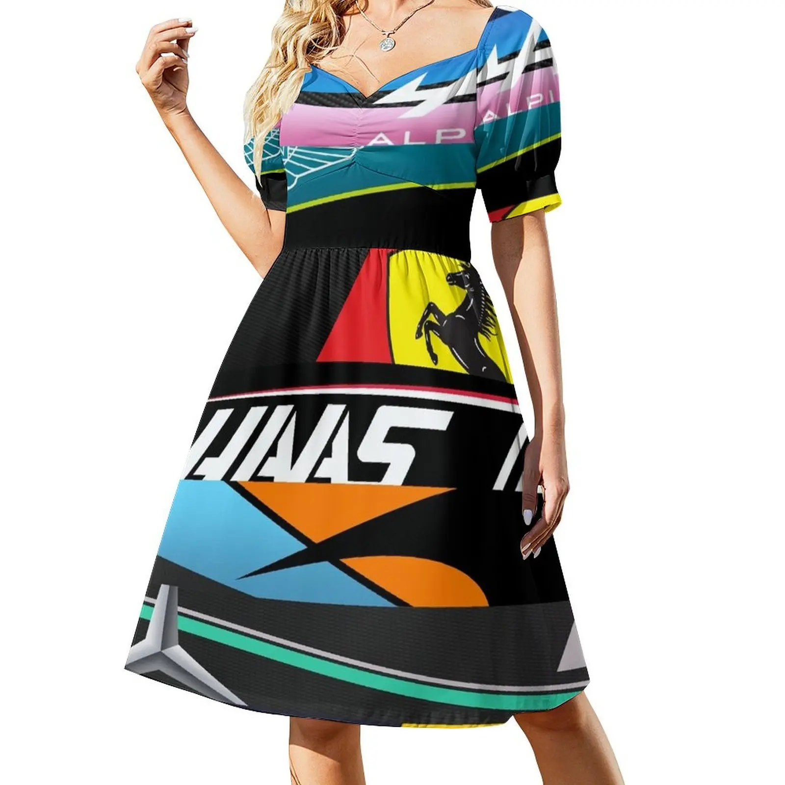 thumbnail image 1 of Vestido de manga corta con diseño de parrilla de F1 para mujer. Vestido largo para mujer., 1 of 7