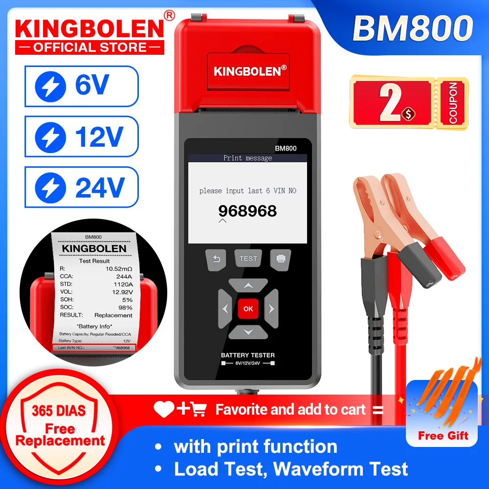 KINGBOLEN BM800 자동차 배터리 테스터 (프린터 포함) 6V 12V 24V 배터리 분석기 크랭킹 충전 테스트 최대 부..