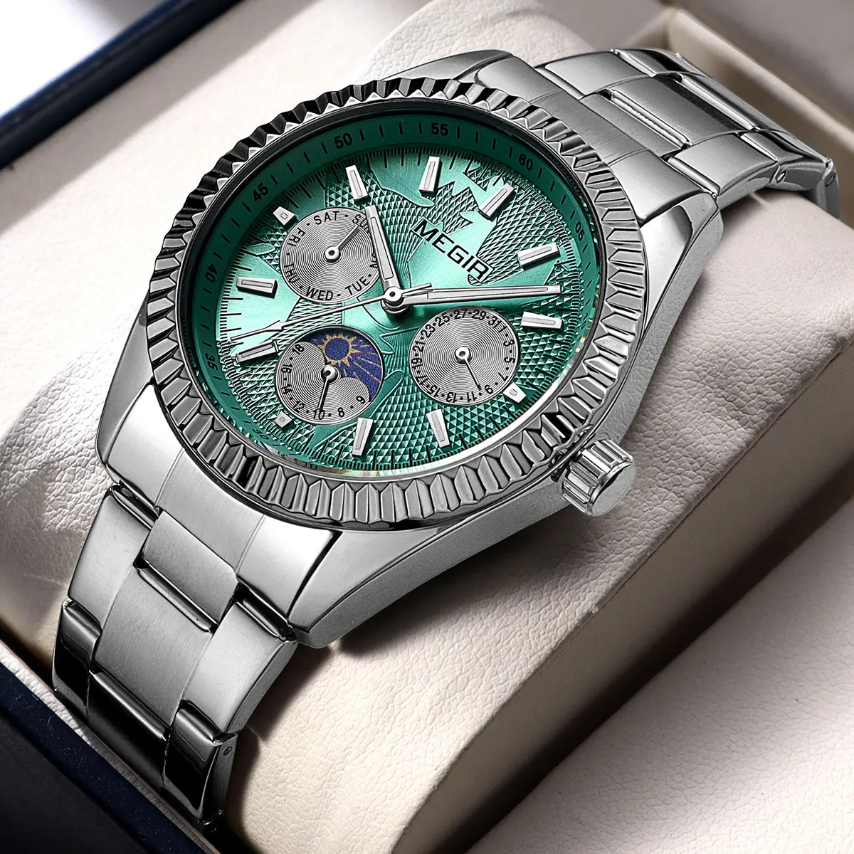 Elegant Men's Fashion Quartz Watch with Luminous Display, Day-Date, 24-Hour Moon Phase, and Stainless Steel Band