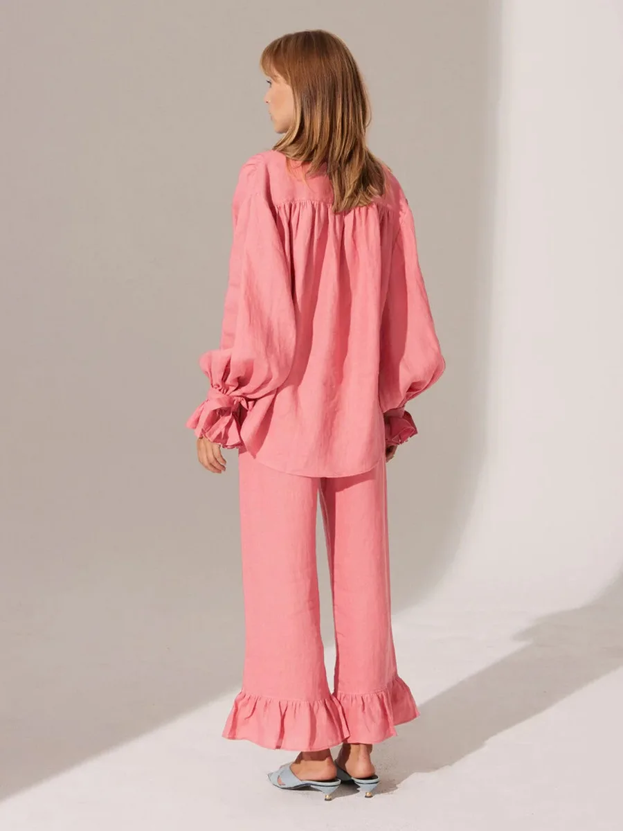 Bornladies 100% Cotton Fashionable Ruffled Shirt Pants Set Woman's Autumn New Flared Sleeve Cardigan Pants Set