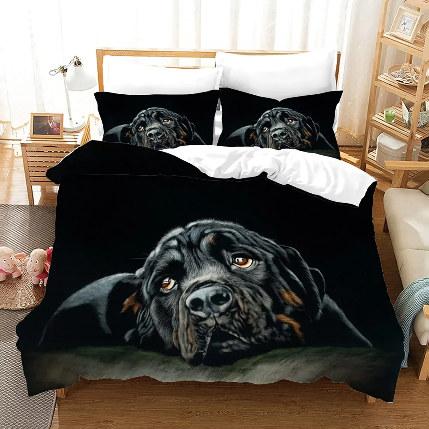 Rottweiler Duvet Cover Twin Black Rottweiler Twin Bedding Set Animal Theme for Dog Lover Polyester Double Queen King Quilt Cover 6
