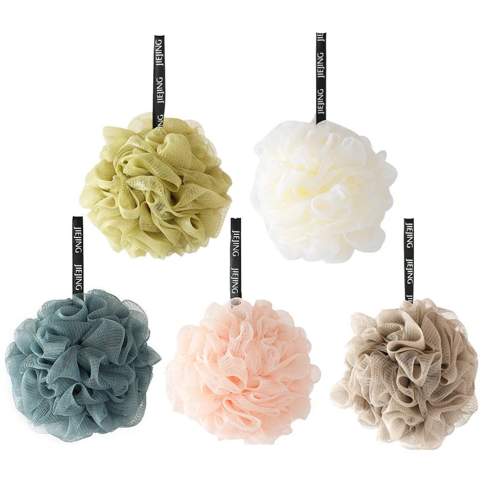 

5pcs Solid Color Shower Sponges Bath Balls Mesh Nets Resuable Scrubbers Bath Flowers (Blue + Beige+ Pink + Green + Khaki)