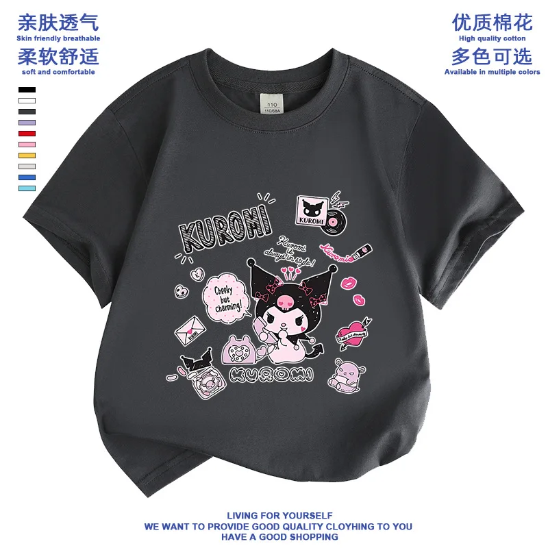 

Sanrio New Girls Summer T-Shirt Short-Sleeved Top Pure Cotton Round Neck Casual Cartoon Kuromi Cute Children's Clothing Gift