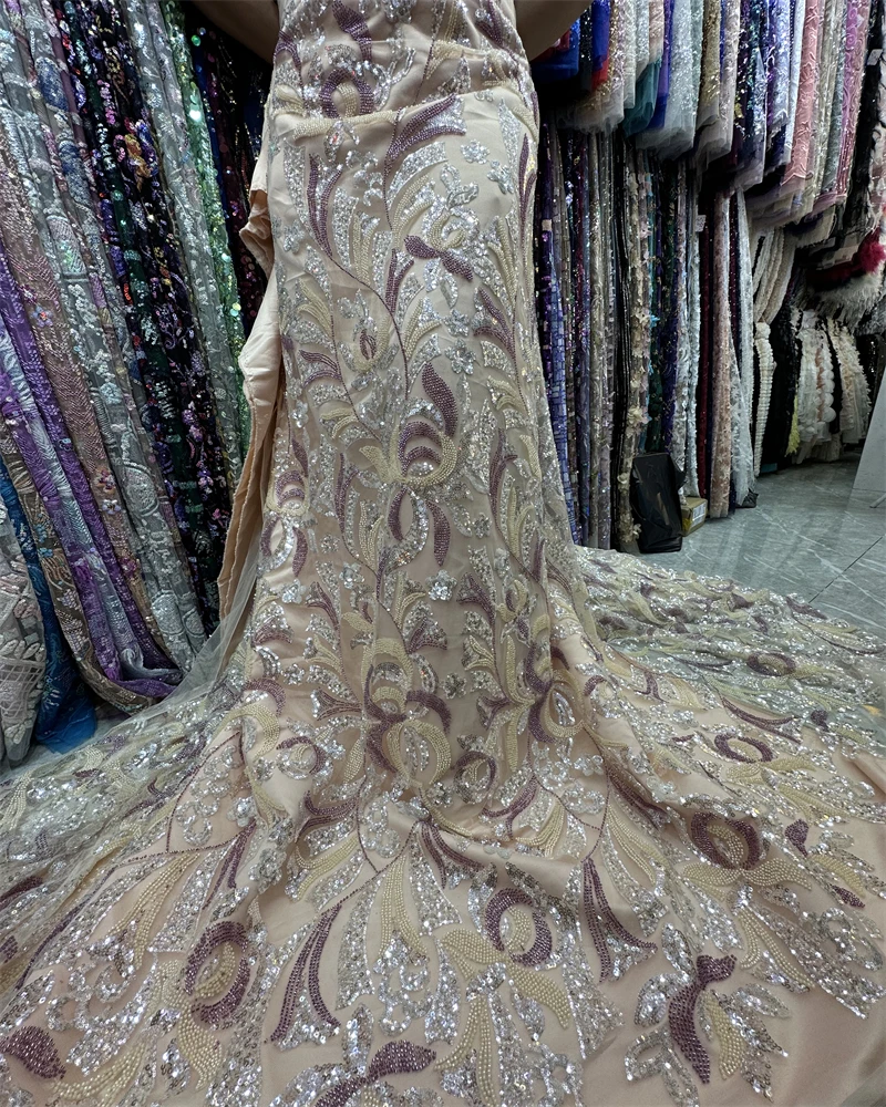

New Arrival 2023 High Quality Lace Fabric Diy Wedding Mesh Sequins Lace Fabrics Pearls Net Tulle Cloth for Dress Sewing JJ13753