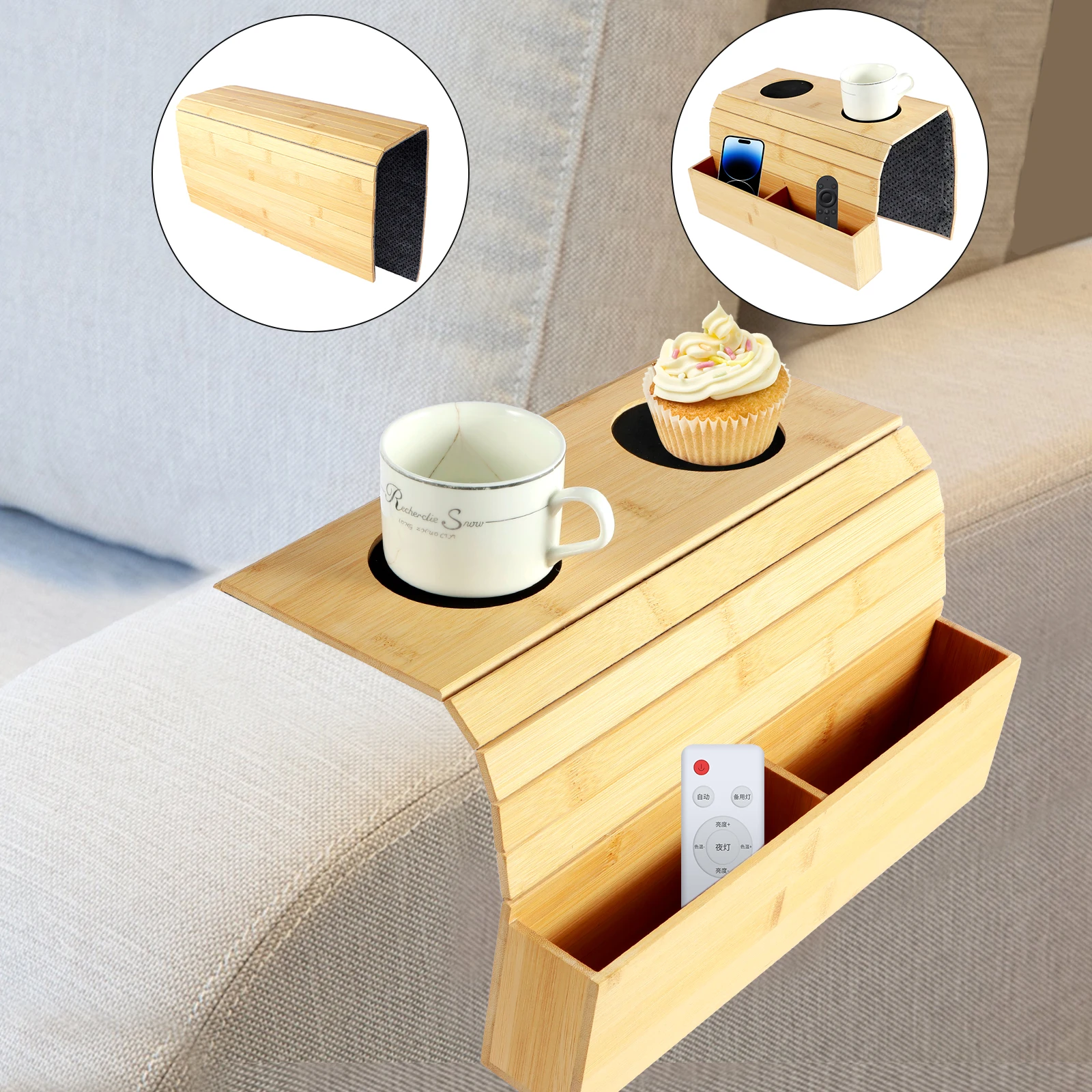 

Sofa Arm Tray Bamboo Couch Arm Tray with Basket Foldable Armrest Tray Nonslip Sofa Armrest Tray Splash Proof Sofa Organizer Tray
