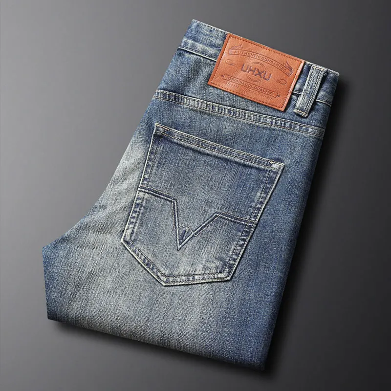 Newly Designer Fashion Men Jeans High Quality Retro Blue Elastic Slim Fit Ripped Jeans Men Embroidery Vintage Denim Pants Hombre