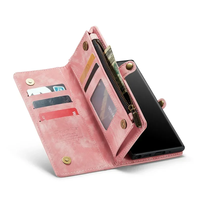 Magnetic Closure Leather Wallet Case for Samsung Note 10 Plus Note 20 Ultra Flip Cover Card Slots Zipper Pocket with Hand Strap