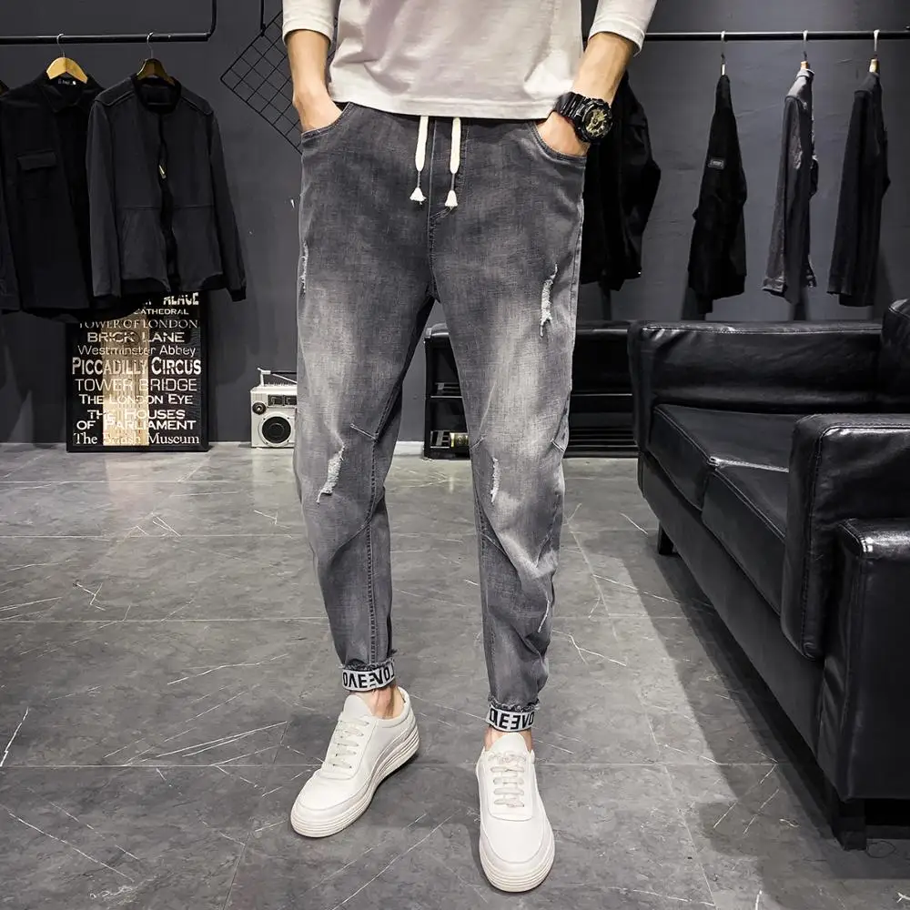Fashion Casual Hip Hop Men's Jeans Spring Summer Brand Korean Wild Teen Loose Harem Feet Elastic Waist Long Pants
