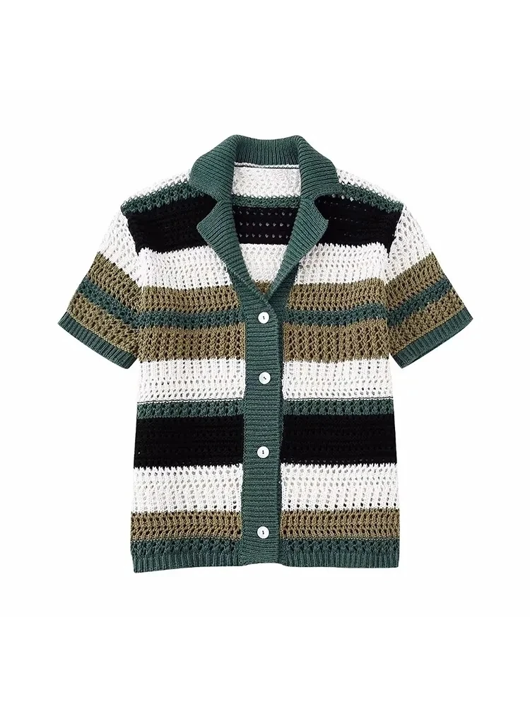 

Women's Knitted Hollow Out Short Sleeved Lapel Cardigan Sweater Fashion Top