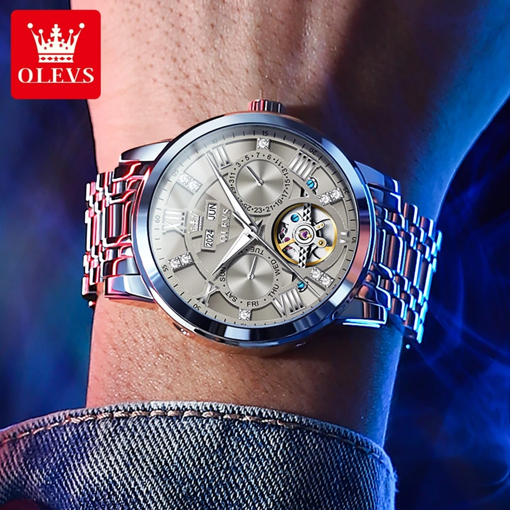 OLEVS 6701 Men's Watch Luxury Waterproof Auto Date Mechanical Watch For Men Hollow Skeleton Diamond Wristwatch Luminous Clock