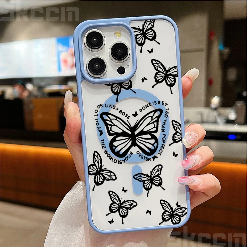Butterfly Magnetic Transparent Phone Case with Matte Wireless Charging Cover