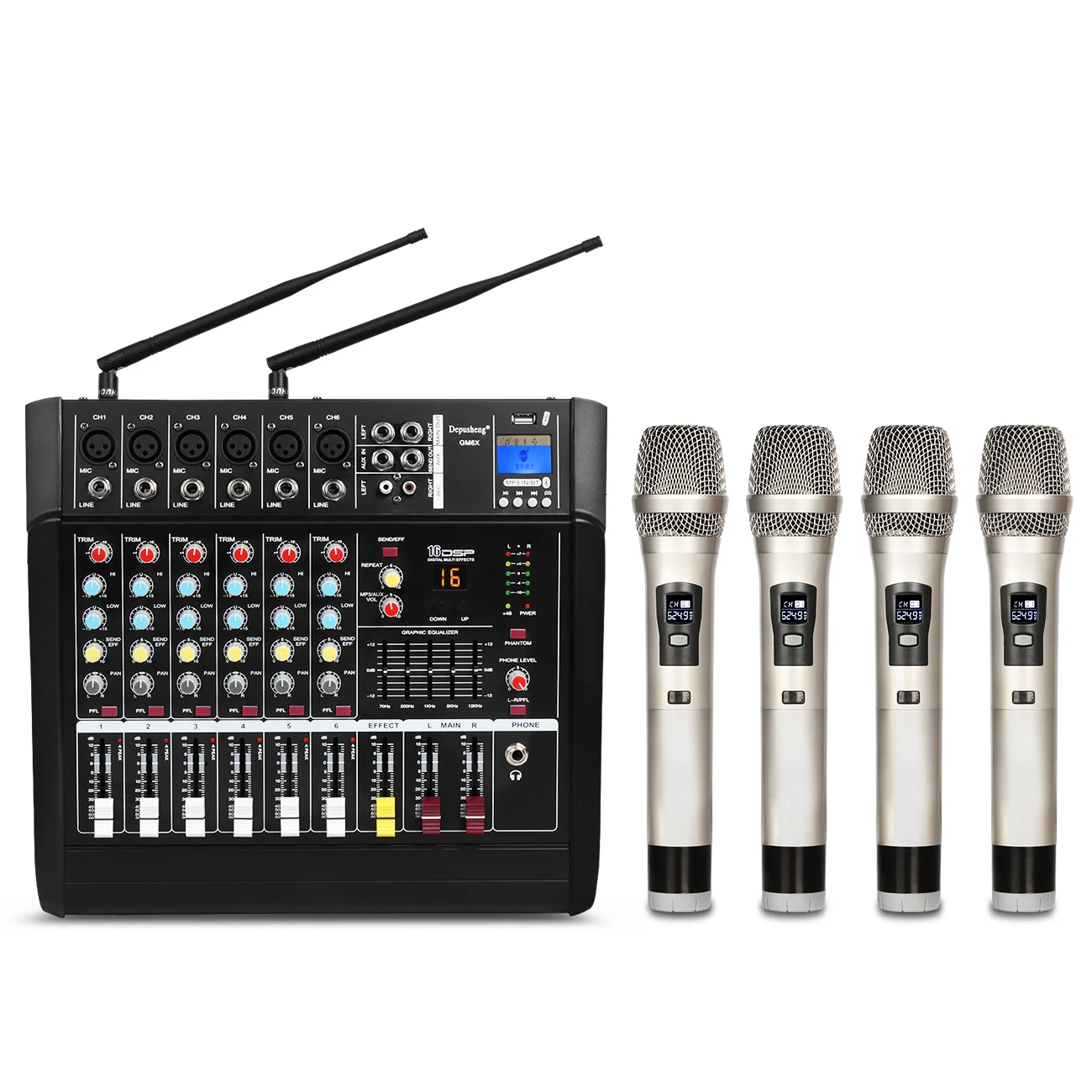 Depusheng 450 Watt GM6X-4H High Quality 6 Channel USB Digital DJ Amplifier Audio Mixer with 4 Wireless Microphones