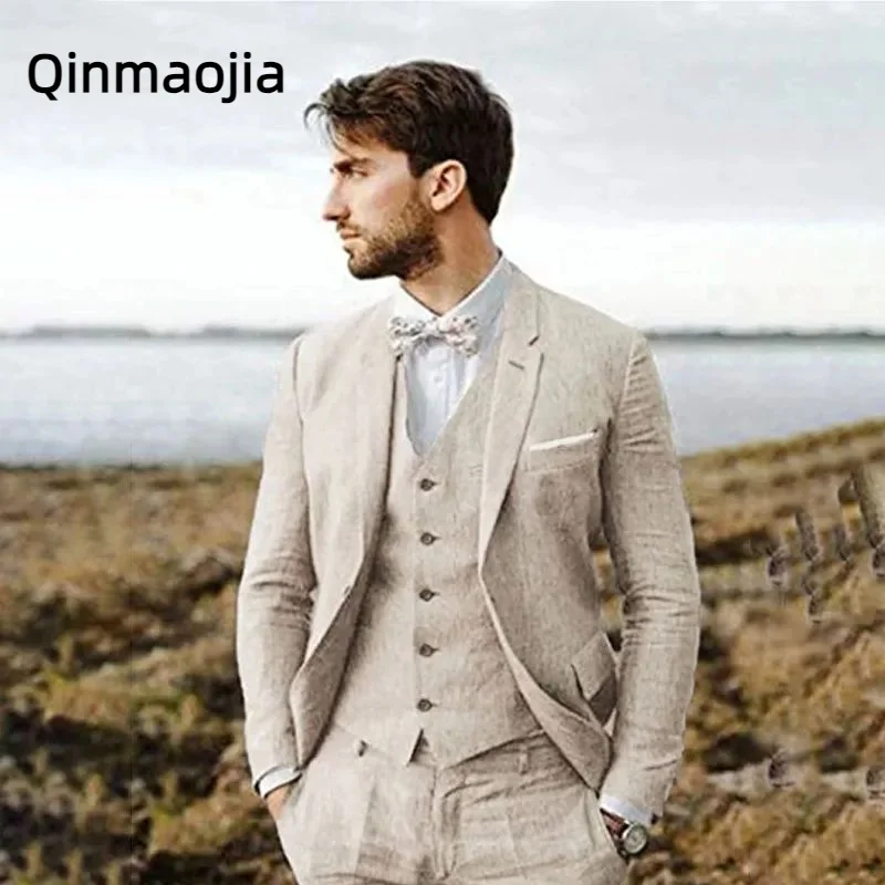 

2024 New Design Linen Suit for Men 3 Pieces Formal Wedding Prom Set Slim Fit Groom Best Man Tuxedo Costume Homme Suit