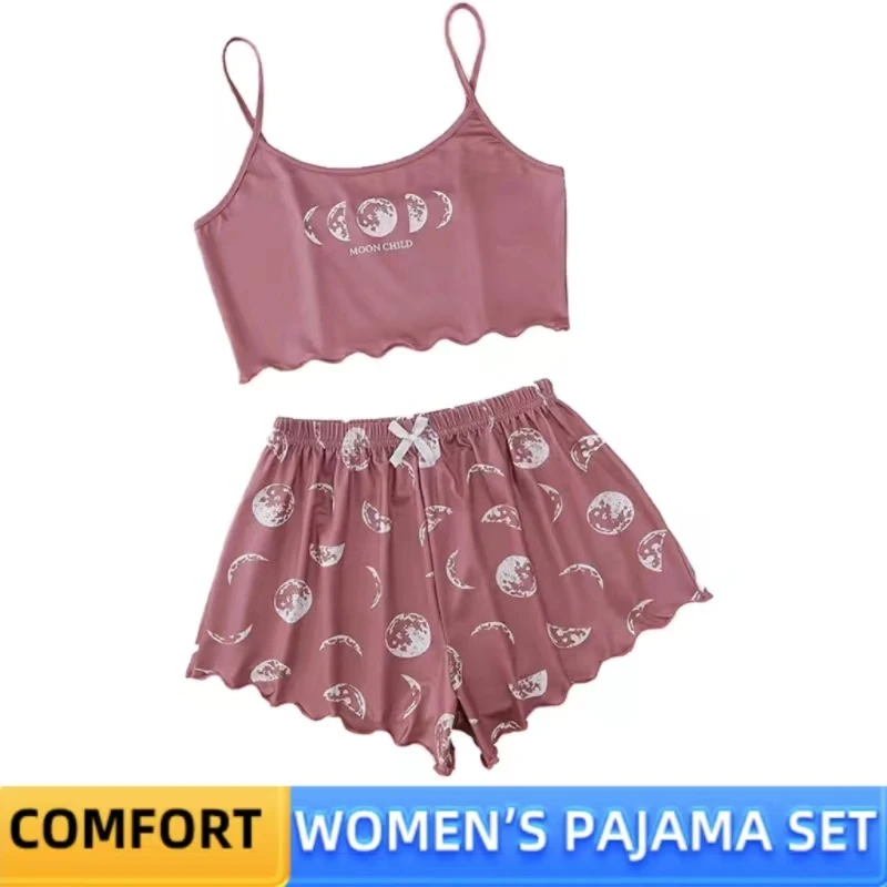 Women's Pajamas Set Sleepwear 2 PCS Camisole And Shorts S M L Pink Ventilate Soft Casual Earth Print