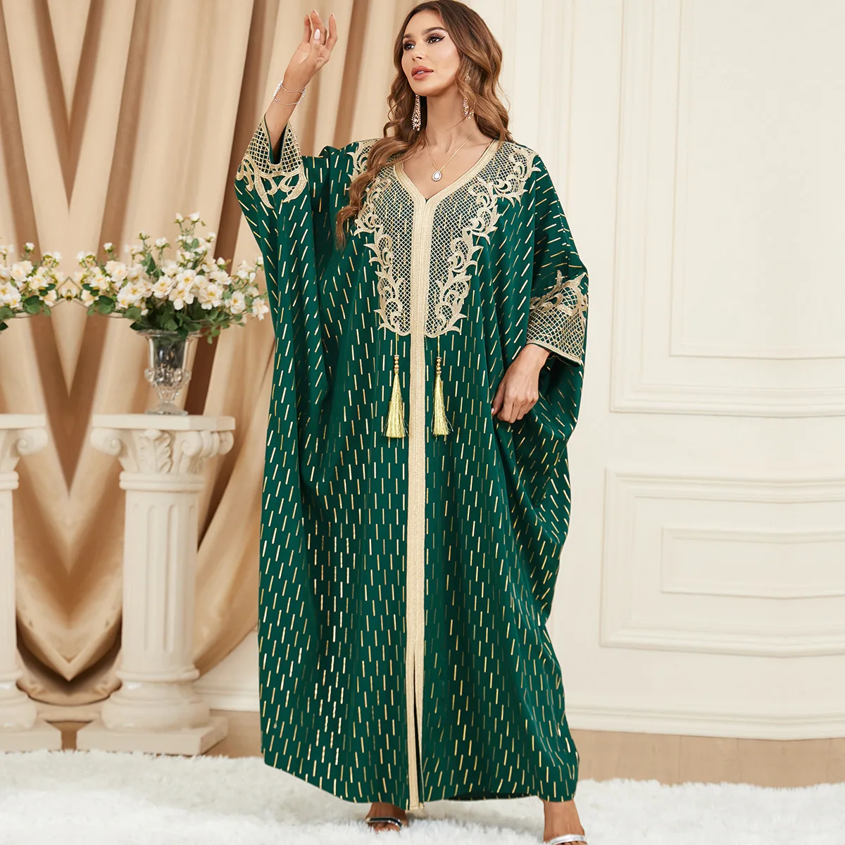 Muslim Abaya for Women Long Dresses Dubai V Collar Pendant Bat Sleeves Turkey African Caftan Vest