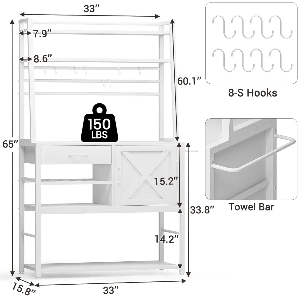 Itaar Baker's Rack, Coffee Bar Cabinet, Farmhouse Microwave Stand with Wine Rack, Storage Drawer and 8 Hooks, Bakers Racks 2