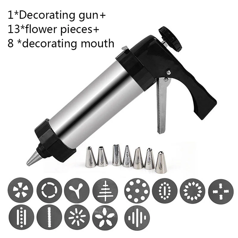 Stainless Steel Cookie Press Gun Kit DIY Silver Biscuit Making Cake