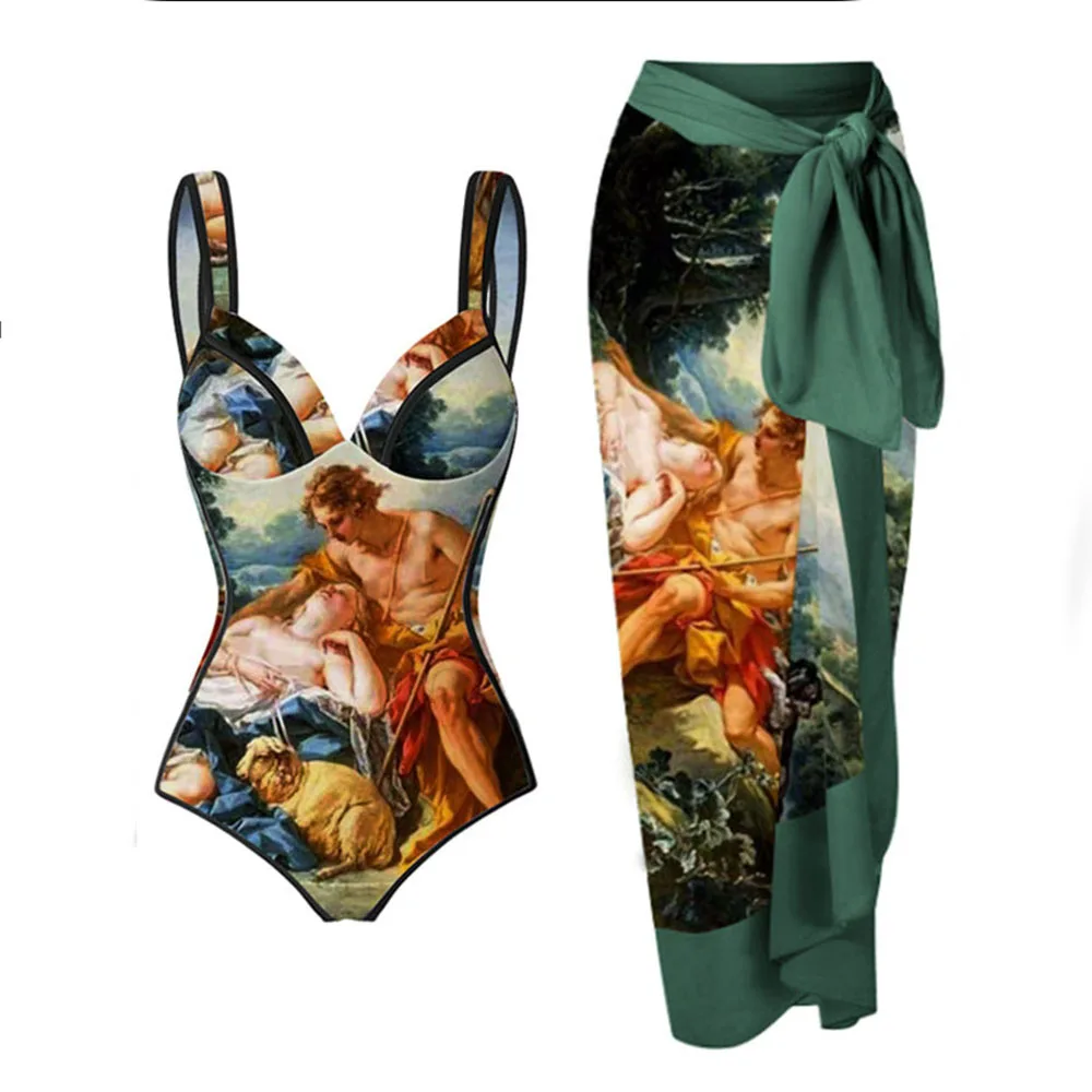 

Vintage Print One Piece Swimsuit Set Bikini 2023 Woman Elegance Luxury Art Print Summer Beach Sexy Erotic Suit
