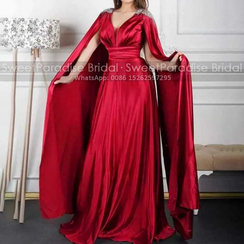 

Gorgeous A Line Evening Dresses With Beaded Tassel Cape Cloak Plunging Neck Long Dubai Women Dress Formal Gown