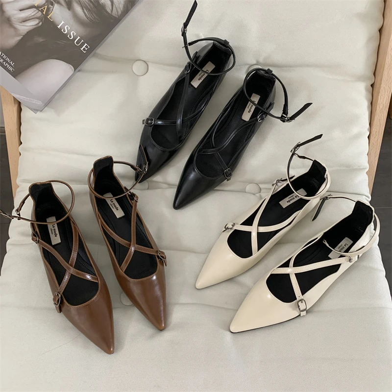 

2022 Spring Women White Black Shallow Women Flats Shoes Pointed Toe Soft Leather Flat Ballerinas Ladies Elegant Dress Balltes