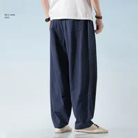 Summer Thin Cotton Linen Lamp Pants Men Solid Color Home Harley Pants Loose Retro Cotton Large Crotch Casual