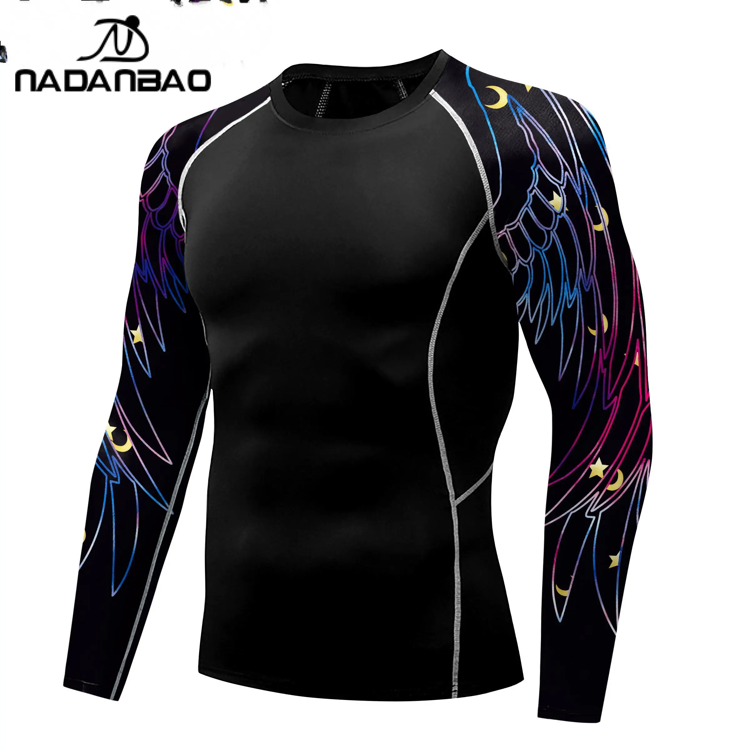 NADANBAO Men Rash Guard Surfing Diving Tee Swimwear Tight Long Sleeve Printed Shirt Swimming Compression Fitness Tops Swimsuit