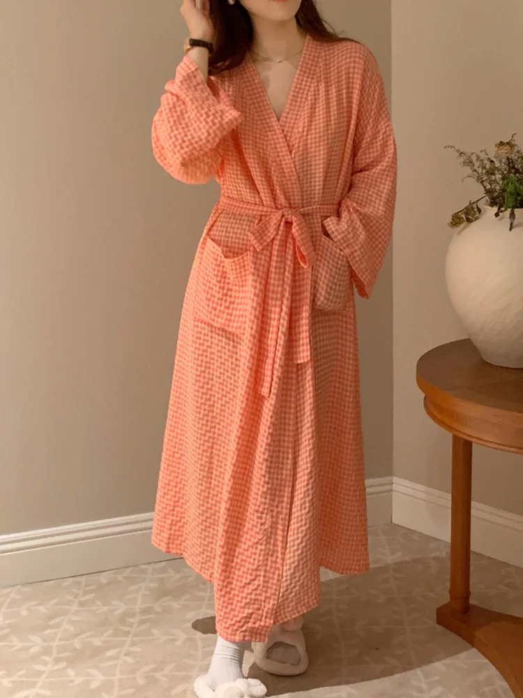 Home Soft Summer Stripe Long Sleeve Plaid Sleepwear Women Elegant Casual Long nightgown Korean Style Simple Sweet Sleep Tops Ins,women sleepwear