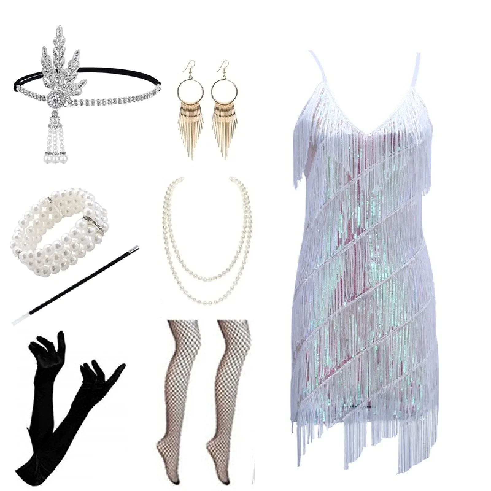 thumbnail image 1 of Vestidos de cosplay de los años 20 para mujer, vestidos con borlas y tirantes, vestidos de fiesta de cóctel con flecos, vestidos estilo flapper con accesorios para la diadema, 1 of 5