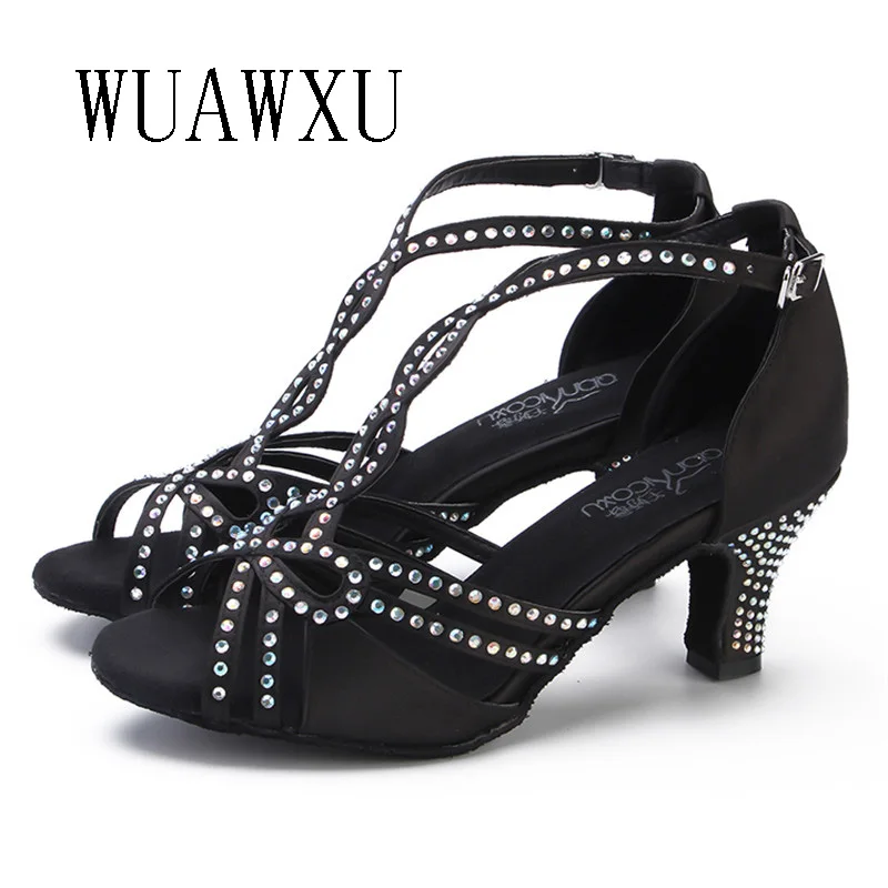 NATASHA2023 Latin Dance Shoes Women's Adult Medium Heel 7.5cm Diamond Rose Red Satin Soft Sole Indoor Dance Shoes Friendship Squ