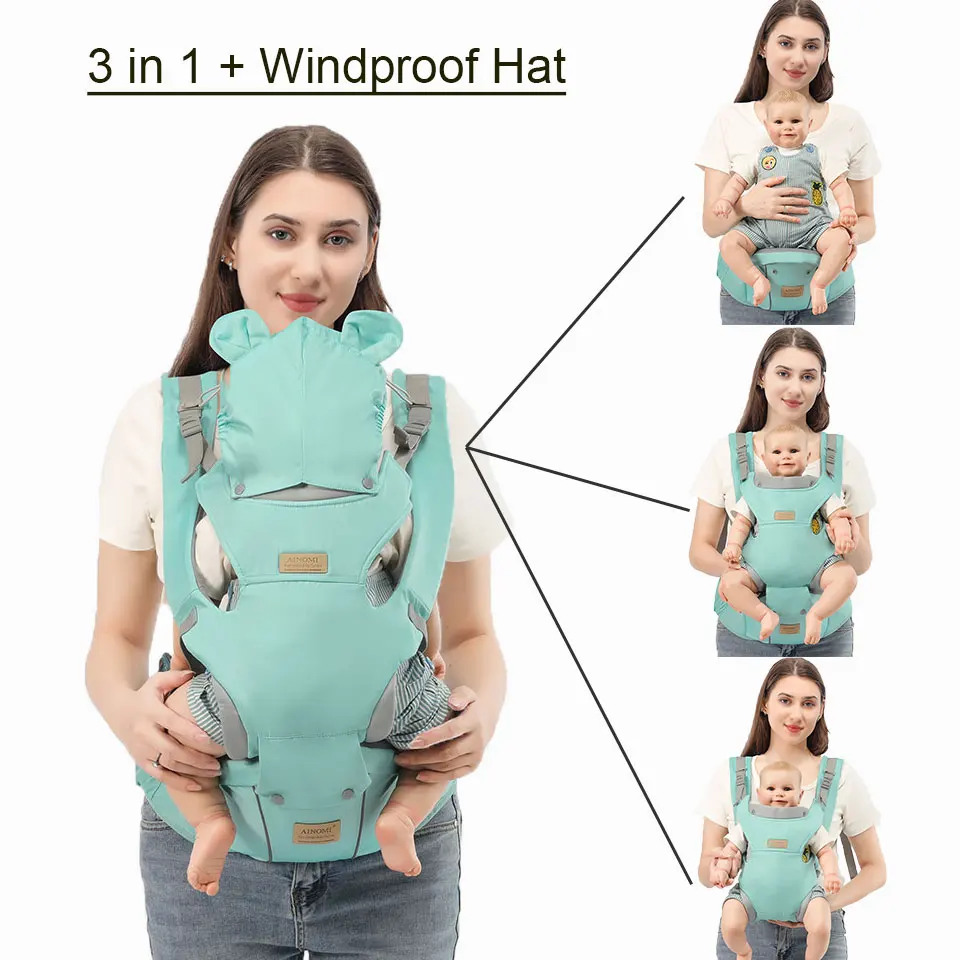 3 IN 1 Baby Hipseat Carrier Backpack Straps for Infant Toddler 0-36M Ergonomic With Windproof Hat for Winter Luminous Strips - 2