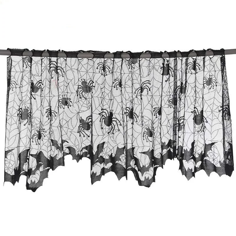 1pcs Halloween Curtains 60*20inch Black Lace Bat Spiderweb Window Curtain For Living Room Decoration Festival Party Supplies