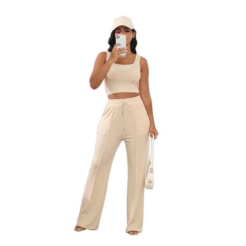 Summer New Women's Thread Knit Sleeveless Crop Top High Waist Wide Leg Pants Suit Fashion Casual Sexy Women's Two-piece Suit